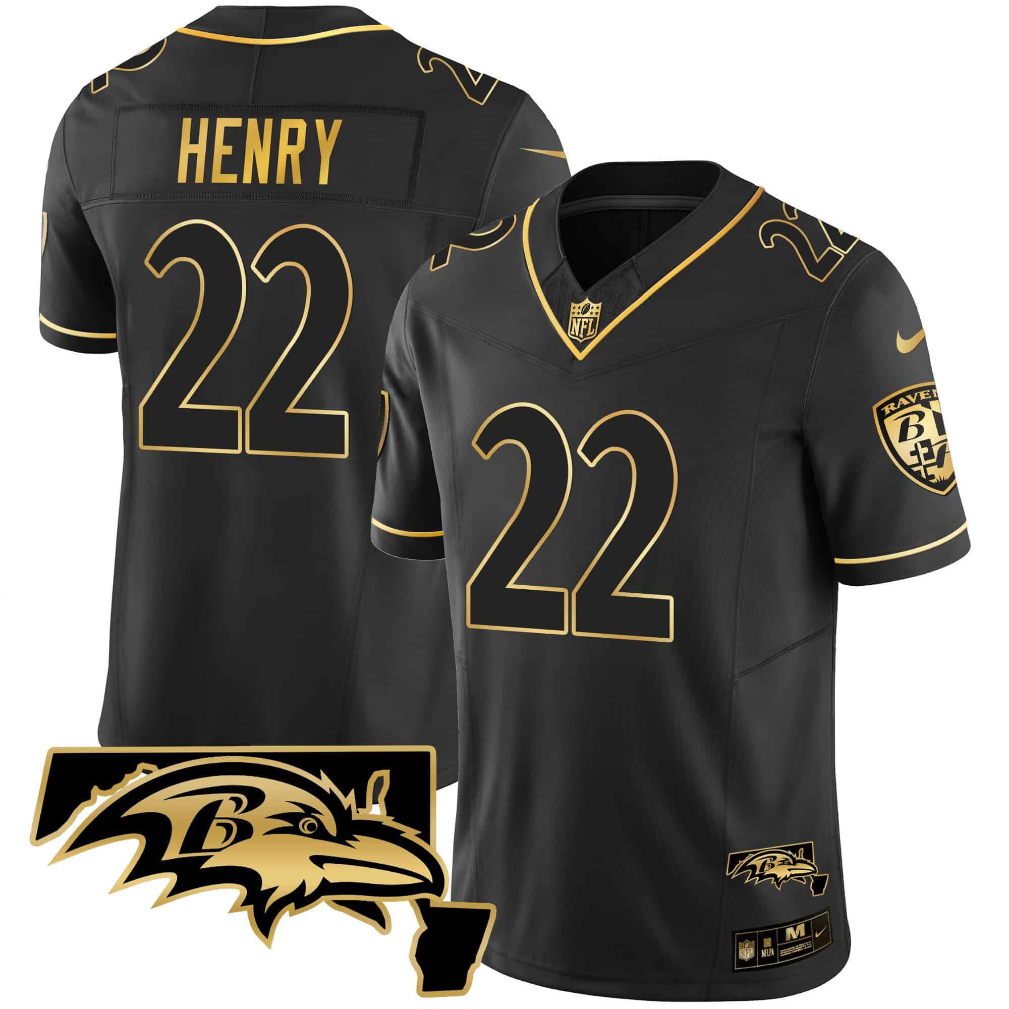 Men Baltimore Ravens #22 Henry Black Gold 2024 Nike Maryland Patch Vapor Limited NFL Jersey style 1